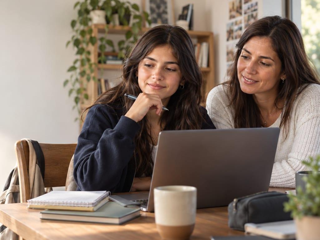 Una adolescente y su mamá conversan frente a un computador, en la casa